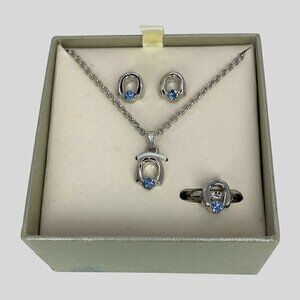 Equestrian Themed Necklace, Earring & Ring Set Silver Tone With Blue Gemstones
